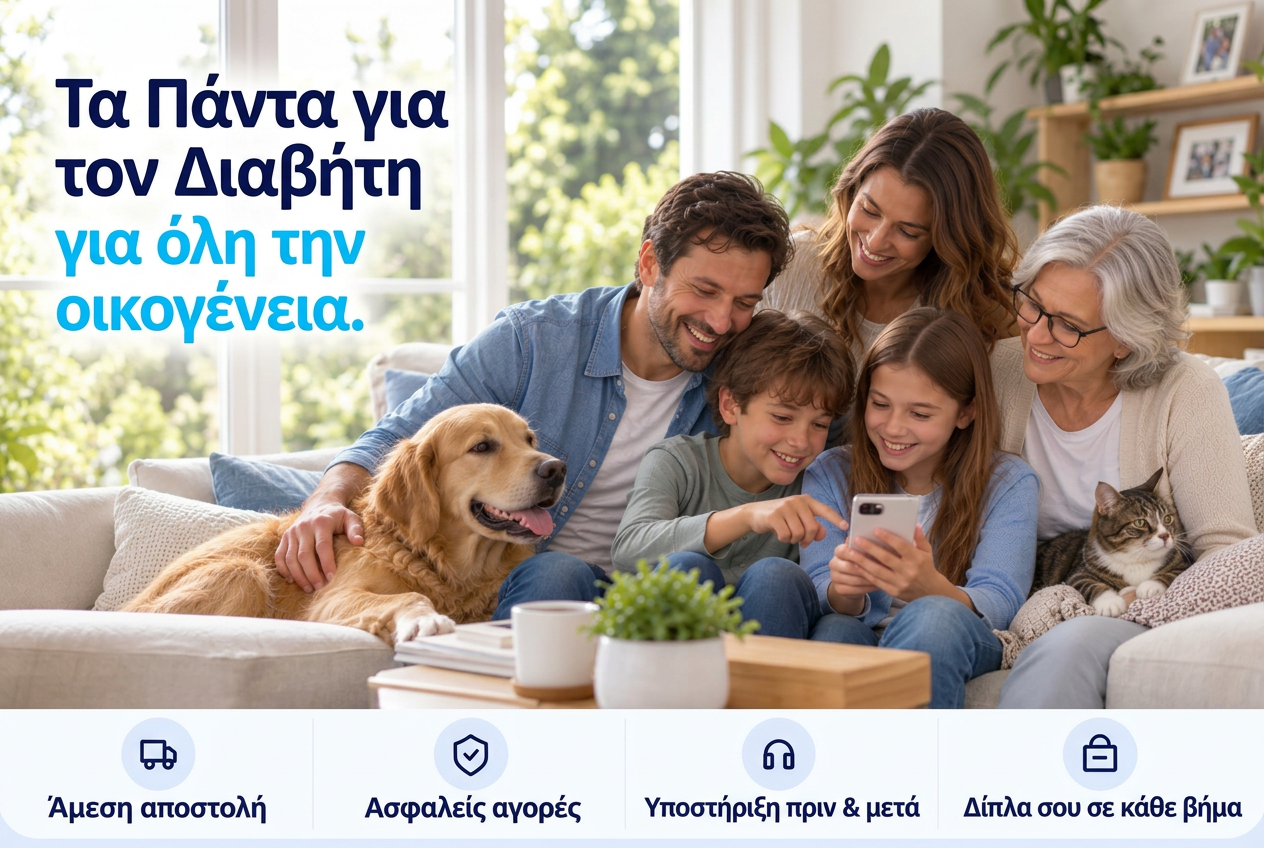 Τα Πάντα για τον Διαβήτη για όλη την οικογένεια: οικογένεια με σκύλο και γάτα στον καναπέ