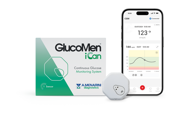 GlucoMen iCan CGM: κουτί, αισθητήρας και εφαρμογή στο κινητό